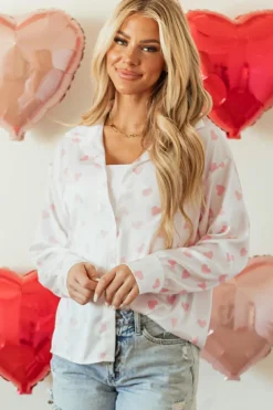 Outlet Dear-Lover Love Heart Print Drop Shoulder Puff Sleeve Shirt White