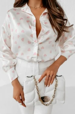Outlet Dear-Lover Love Heart Print Drop Shoulder Puff Sleeve Shirt White