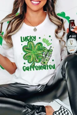 New Dear-Lover Lucky and Caffeinated Clover Graphic St Patrick Tee White