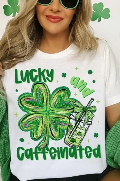 New Dear-Lover Lucky and Caffeinated Clover Graphic St Patrick Tee White