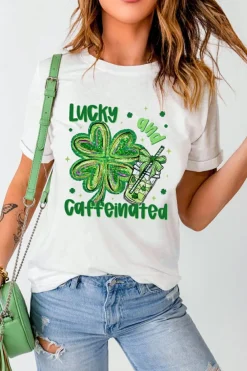 New Dear-Lover Lucky and Caffeinated Clover Graphic St Patrick Tee White