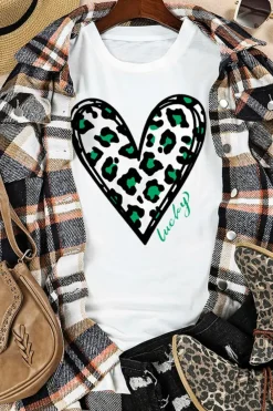 Discount Dear-Lover Lucky Leopard Heart Print St Patricks Day T Shirt White