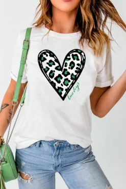 Discount Dear-Lover Lucky Leopard Heart Print St Patricks Day T Shirt White