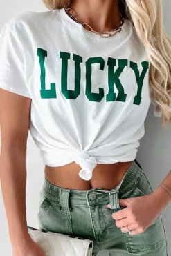 New Dear-Lover LUCKY Printed Round Neck St Patricks T Shirt White