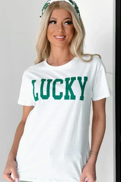 New Dear-Lover LUCKY Printed Round Neck St Patricks T Shirt White