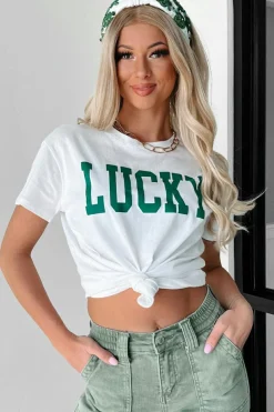 New Dear-Lover LUCKY Printed Round Neck St Patricks T Shirt White