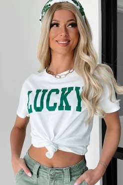New Dear-Lover LUCKY Printed Round Neck St Patricks T Shirt White