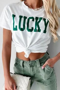 New Dear-Lover LUCKY Printed Round Neck St Patricks T Shirt White