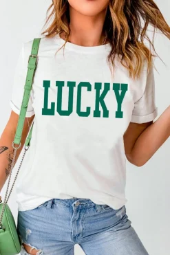 New Dear-Lover LUCKY Printed Round Neck St Patricks T Shirt White