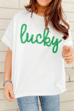 New Dear-Lover Lucky Tinsel Graphic St Patrick Fashion Tee White