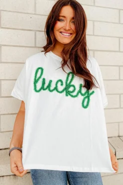 New Dear-Lover Lucky Tinsel Graphic St Patrick Fashion Tee White