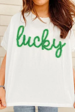 New Dear-Lover Lucky Tinsel Graphic St Patrick Fashion Tee White