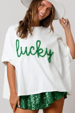 New Dear-Lover Lucky Tinsel Graphic St Patrick Fashion Tee White