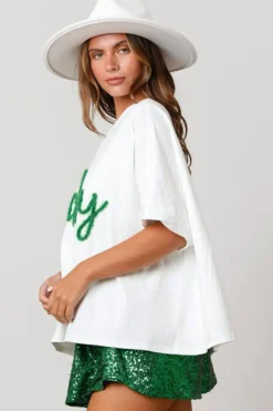 New Dear-Lover Lucky Tinsel Graphic St Patrick Fashion Tee White