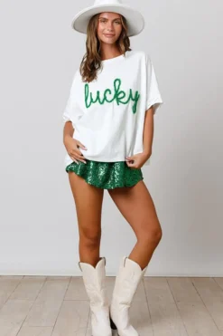 New Dear-Lover Lucky Tinsel Graphic St Patrick Fashion Tee White