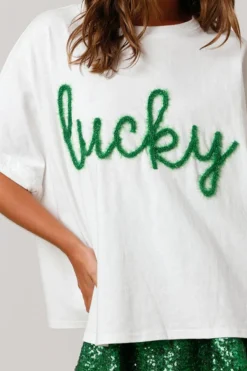 New Dear-Lover Lucky Tinsel Graphic St Patrick Fashion Tee White
