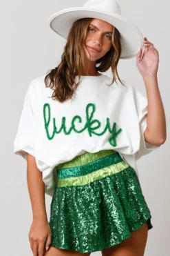 New Dear-Lover Lucky Tinsel Graphic St Patrick Fashion Tee White