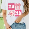 Sale Dear-Lover MAMA Bow Flower Print Crewneck T Shirt White