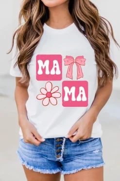 Sale Dear-Lover MAMA Bow Flower Print Crewneck T Shirt White