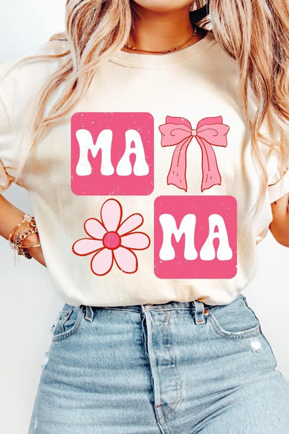 Sale Dear-Lover MAMA Bow Flower Print Crewneck T Shirt White