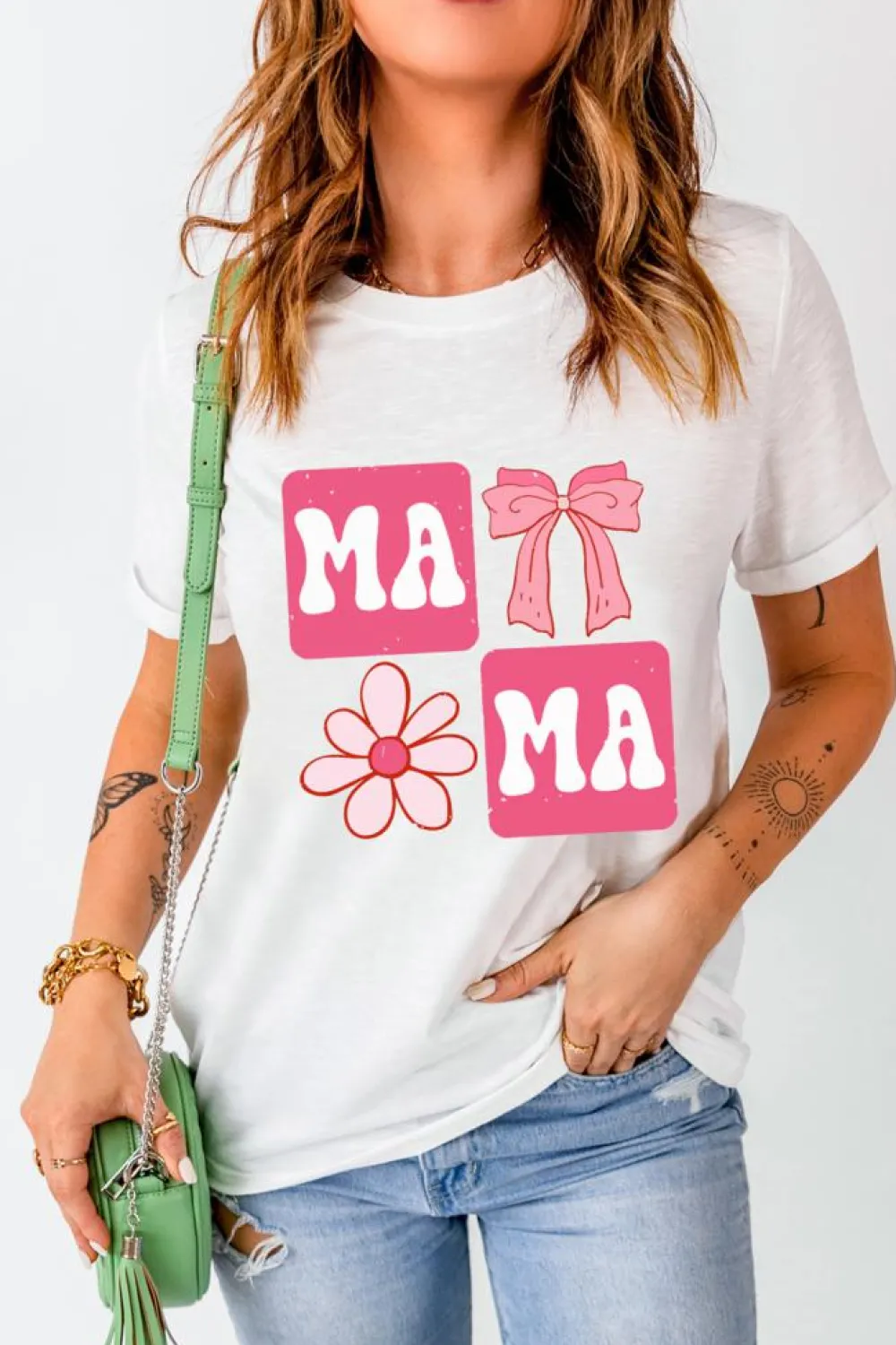 Sale Dear-Lover MAMA Bow Flower Print Crewneck T Shirt White