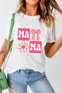 Sale Dear-Lover MAMA Bow Flower Print Crewneck T Shirt White