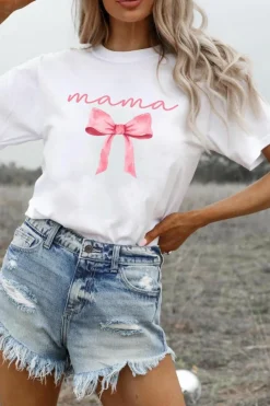 Fashion Dear-Lover MAMA Bowknot Graphic Crewneck Tee White