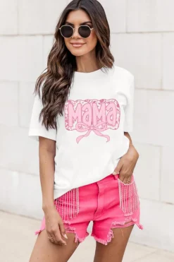 Fashion Dear-Lover MaMa Bowknot Graphic Crewneck Mothers Day T Shirt White