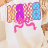 Clearance Dear-Lover MAMA Checkered Bow Knot Print Crewneck T Shirt White
