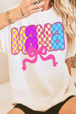 Clearance Dear-Lover MAMA Checkered Bow Knot Print Crewneck T Shirt White