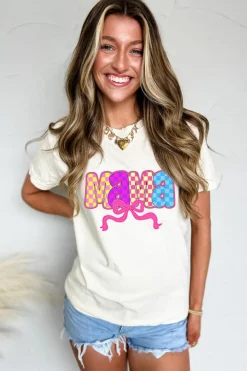 Clearance Dear-Lover MAMA Checkered Bow Knot Print Crewneck T Shirt White