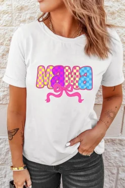 Clearance Dear-Lover MAMA Checkered Bow Knot Print Crewneck T Shirt White