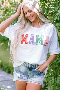 Fashion Dear-Lover MAMA Chenille Patched Crew Neck T Shirt White