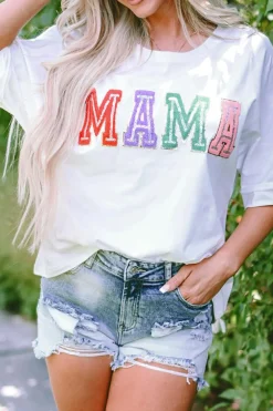 Fashion Dear-Lover MAMA Chenille Patched Crew Neck T Shirt White