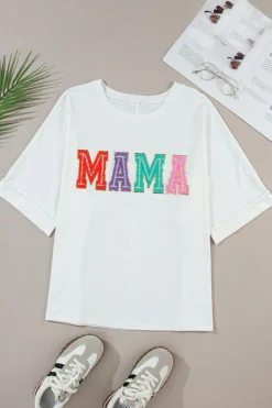 Fashion Dear-Lover MAMA Chenille Patched Crew Neck T Shirt White