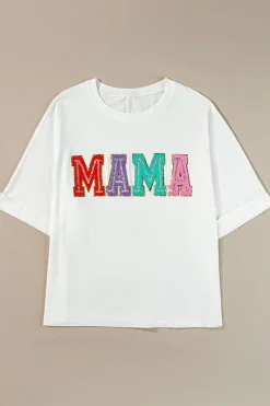 Fashion Dear-Lover MAMA Chenille Patched Crew Neck T Shirt White