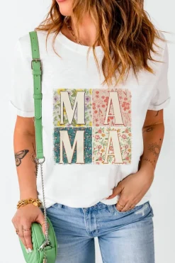 Discount Dear-Lover MAMA Floral Block Graphic Casual T Shirt White