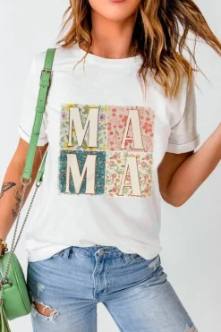 Discount Dear-Lover MAMA Floral Block Graphic Casual T Shirt White