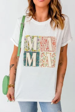 Discount Dear-Lover MAMA Floral Block Graphic Casual T Shirt White