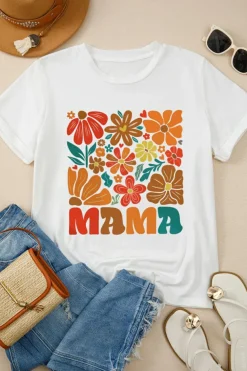 Best Dear-Lover MAMA Flower Graphic Crewneck Tee White