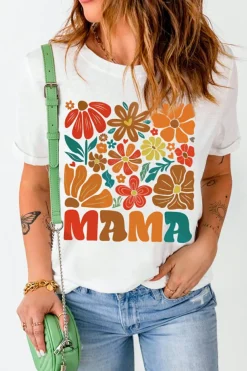 Best Dear-Lover MAMA Flower Graphic Crewneck Tee White