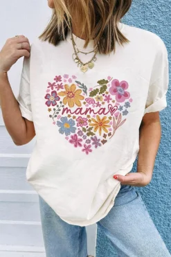 Clearance Dear-Lover MAMA Flower Heart Cotton Blend Graphic Tee White