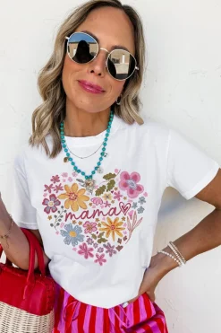 Clearance Dear-Lover MAMA Flower Heart Cotton Blend Graphic Tee White