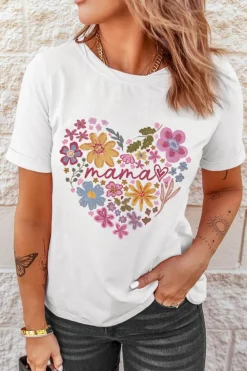 Clearance Dear-Lover MAMA Flower Heart Cotton Blend Graphic Tee White
