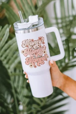 Clearance Dear-Lover mama Flower Leopard Print Stainless Steel Insulate Cup 40oz White
