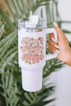 Clearance Dear-Lover mama Flower Leopard Print Stainless Steel Insulate Cup 40oz White