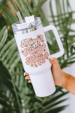 Clearance Dear-Lover mama Flower Leopard Print Stainless Steel Insulate Cup 40oz White