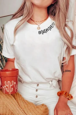 New Dear-Lover mama Heart Embroidered Crew Neck T Shirt White
