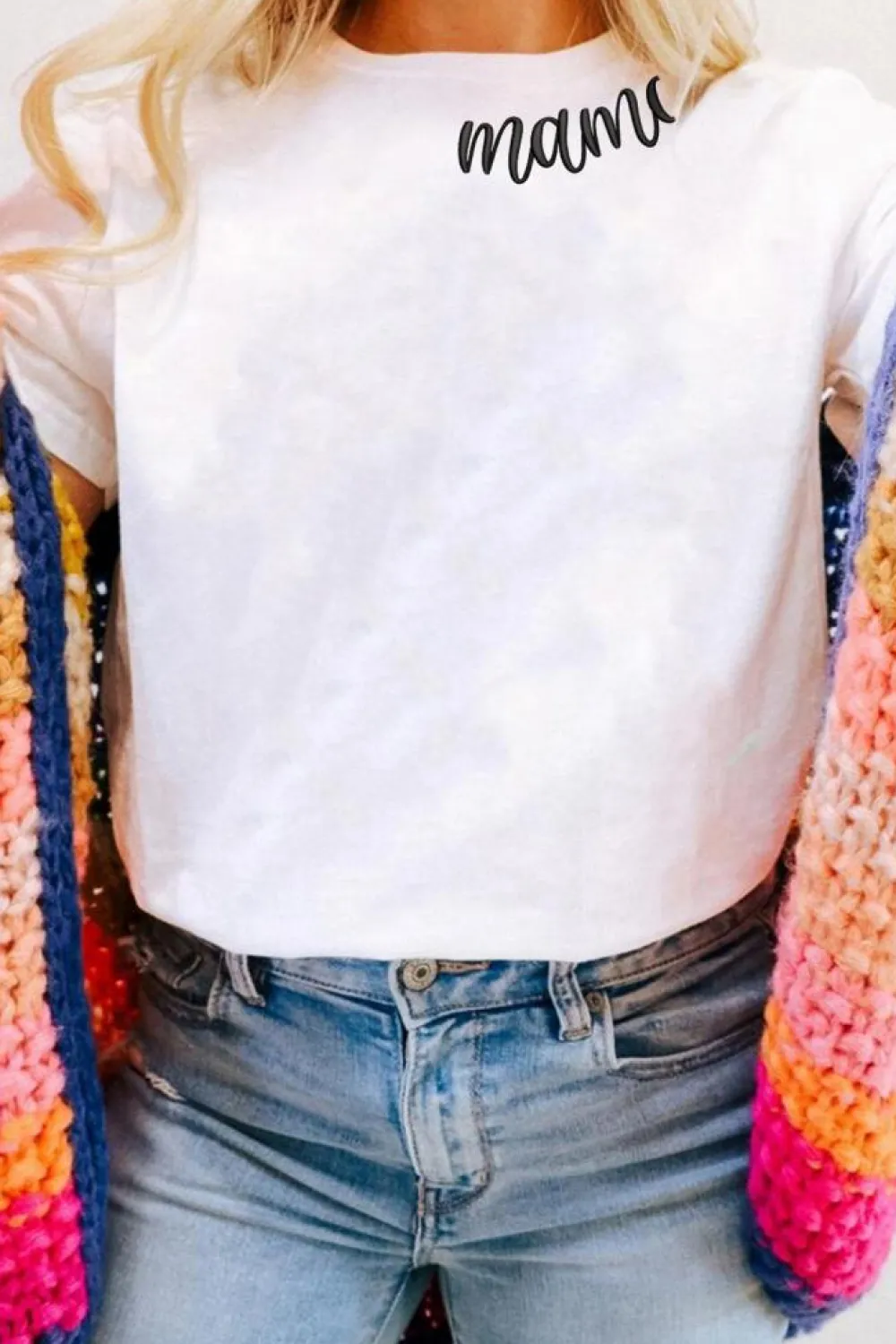 New Dear-Lover mama Heart Embroidered Crew Neck T Shirt White