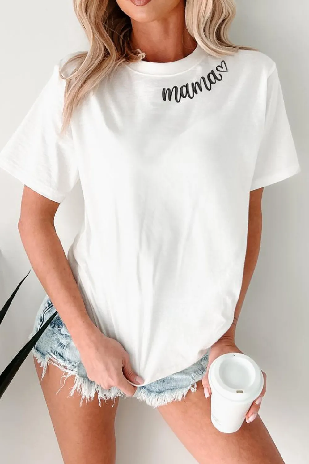New Dear-Lover mama Heart Embroidered Crew Neck T Shirt White